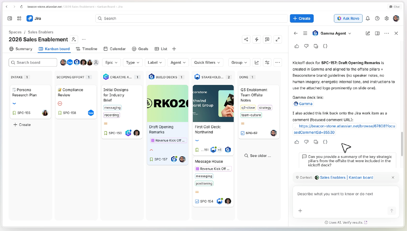Jiraのカンバンボード上でエージェントに作業を割り振るデモ。要所で人間が確認するプロセスが組み込まれている