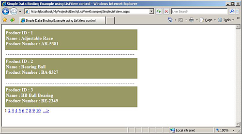 図1　単純なListView。Productデータを取得するSqlDataSourceコントロールにListViewコントロールをデータバインドすることによって生成される出力