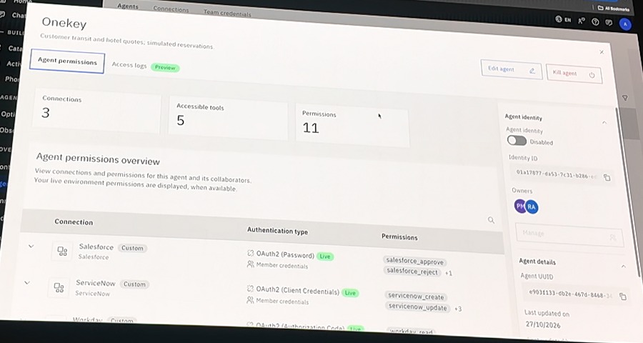 watsonx Orchestrateのエージェント詳細画面。接続先と権限を一覧でき、右上の「Kill agent」で停止できる（デモの画面）