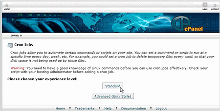図2　cPanelのCron Jobs。StandardとAdvanced（UNIX Style）のどちらの"経験レベル"を使うかを選択できる。Standardを選ぶことを推奨