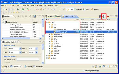 図10　EclipseでのDDMSの使用：DDMSを使って.apkファイルをエミュレータにコピーする