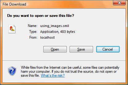 図4　SMILドキュメントのダウンロード: Internet Explorerはusing_images.phpスクリプトをアプリケーションとして認識する。結果を見るには「Open」をクリックする