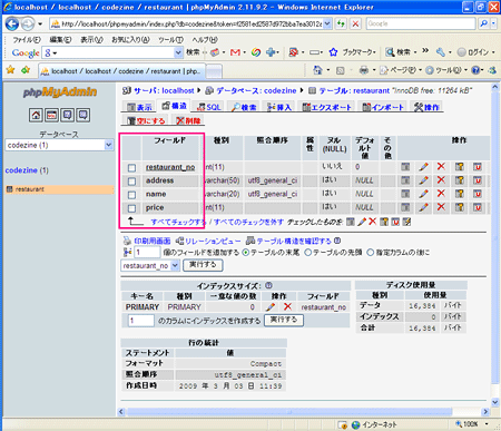 リスト1を実行すると、左側に［restaurant］というリンクが作成される。クリックすると下記画面のような内容が表示される