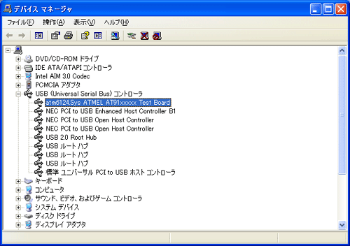 (○）USBコントローラに「atm6124.Sys ATMEL AT91XXXXX Test Board」が存在している