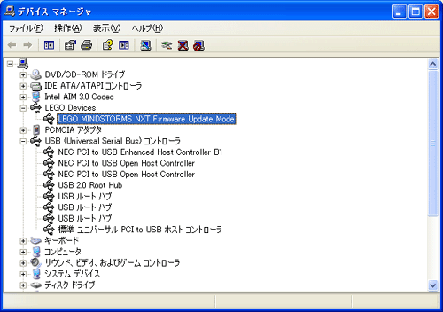 (&times;）USBコントローラに「atm6124.Sys ATMEL AT91XXXXX Test Board」が存在せず、「LEGO Devices」が見えている