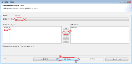 図50：（1）参照先のテーブルを選択し、（2）外部キーに参照される列を選んで、（3）［>］ボタンをクリックし、（4）［次へ（N）］ボタンをクリック