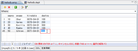 図54：5件目のdeptnoを400にしてEnterキーを押すと