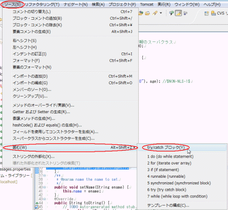 図19：［ソース］‐［囲む］‐［try/catchブロック］を実行