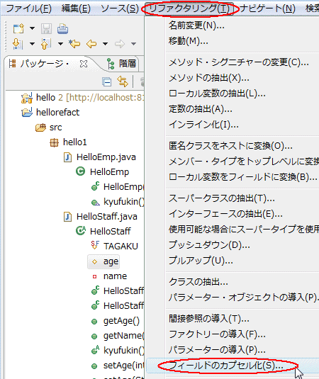 図28：［リファクタリング］‐［フィールドのカプセル化］を実行