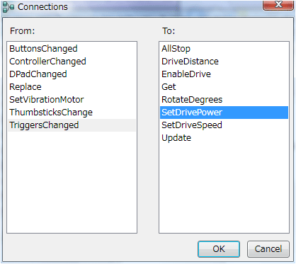 図4：XInputControllerとSimulatedGenericDifferentialDriveブロックを接続した時の［Connections］ダイアログ
