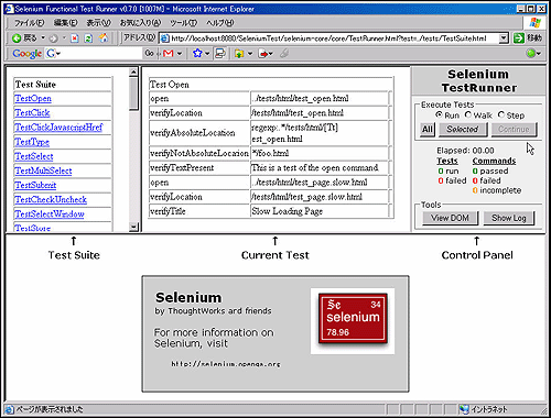 図13 作成したプロジェクトから起動したTestRunner画面（Selenium TestSuite）