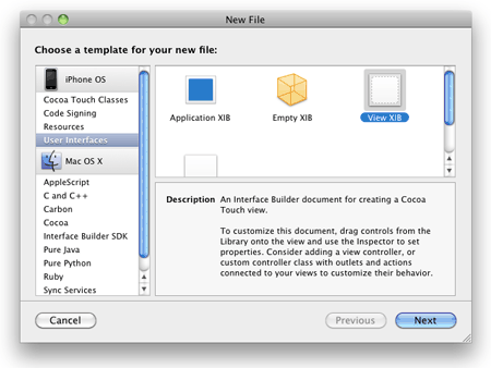 図10　XIBファイルの追加：［User Interfaces］グループから［View XIB］ファイルタイプを選択してプロジェクトに新しいビューを追加する