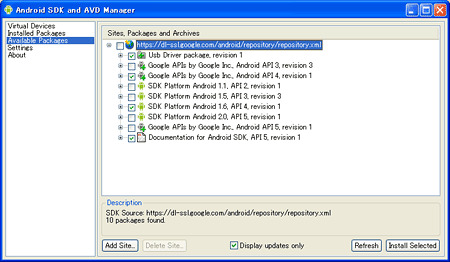 「USBドライバ」「SDK 1.6」「Google APIsのAPI4版」「ドキュメント」の4カ所にチェックを入れ、［Install Selected］をクリック