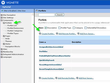 図6　Vignetteにおけるポートレットの追加：Vignette Portalサーバでは、ポートレットをリスト表示し、追加できる