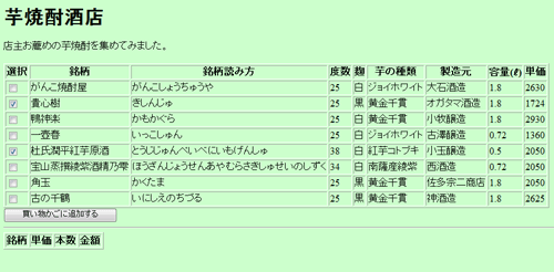 図21.「芋焼酎酒店」で銘柄を選択した状態の画面