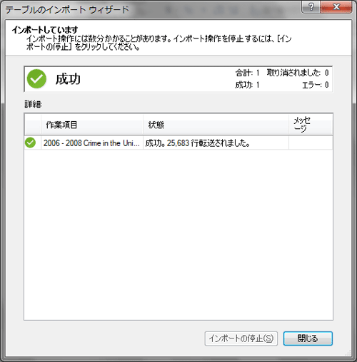 ［テーブルインポートウィザード］画面での完了表示
