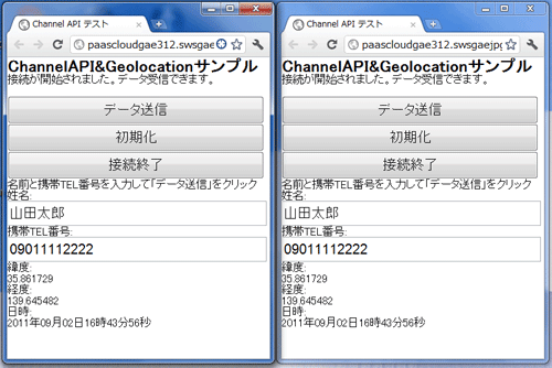 図3　スマートフォン（左）で「データ送信」ボタンクリック