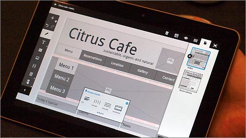 Adobe Protoの画面。左側にツールボックス、右側にワイヤフレームの一覧が表示されている。右上にあるのはプレビューなど各種機能を呼び出すメニュー。バツを書くと画像、4本指で縦線を引くとナビゲーションバーといったように、ジェスチャでオブジェクトを描けるショートカットも印象的。