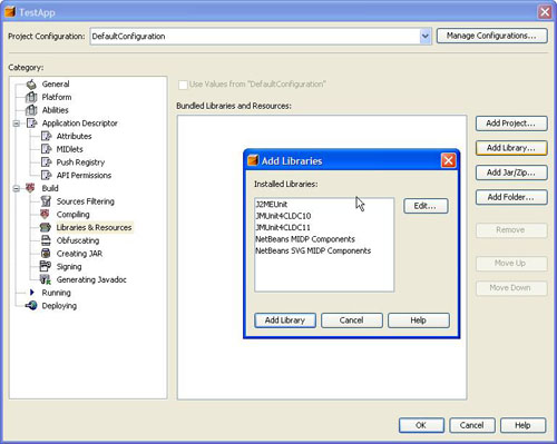 図8　プロジェクトにライブラリを追加する： NetBeans Mobility Pack 5.5には、モバイルアプリケーションクラスのためのJMUnit CLDC 1.0のテストケースクラスを作成する単純なメニューオプションがある