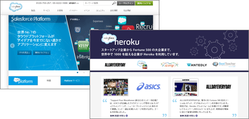「Force.com」（左）と「Heroku」（右）