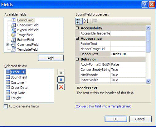 図3　ASP.NET 2.0のGridViewの列の定義