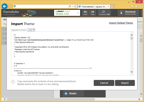 図3　カスタムテーマはCSSをThemeRollerにインポートしてjQuery Mobile 1.4対応に変換