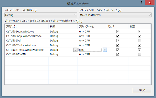 Windows Phoneストアアプリ用ユニットテストプロジェクト以外は［Any CPU］に戻しておく
