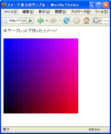 Webブラウザから表示用のHTMLにアクセスしたところ。表示されているグラディエーションイメージが、サーブレットにより生成され送られてきたイメージデータ。