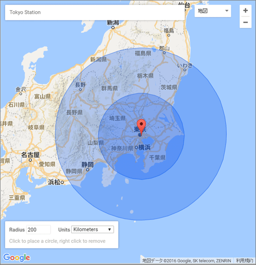 東京駅から100km圏、200km圏